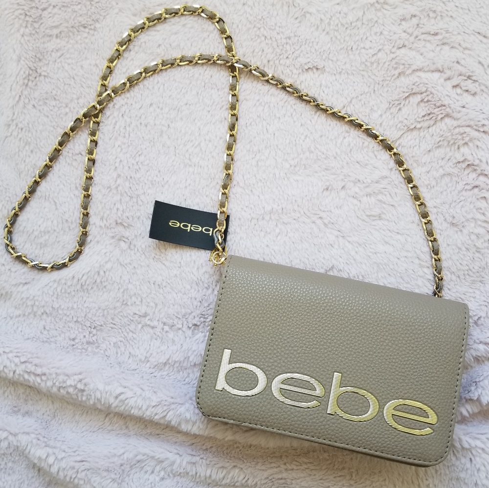 Bebe Fabiola Stamped Logo Crossbody Taupe NWT
